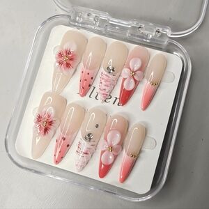 Elegant Pink and Red Floral Stiletto Handmade Press On Nails Set